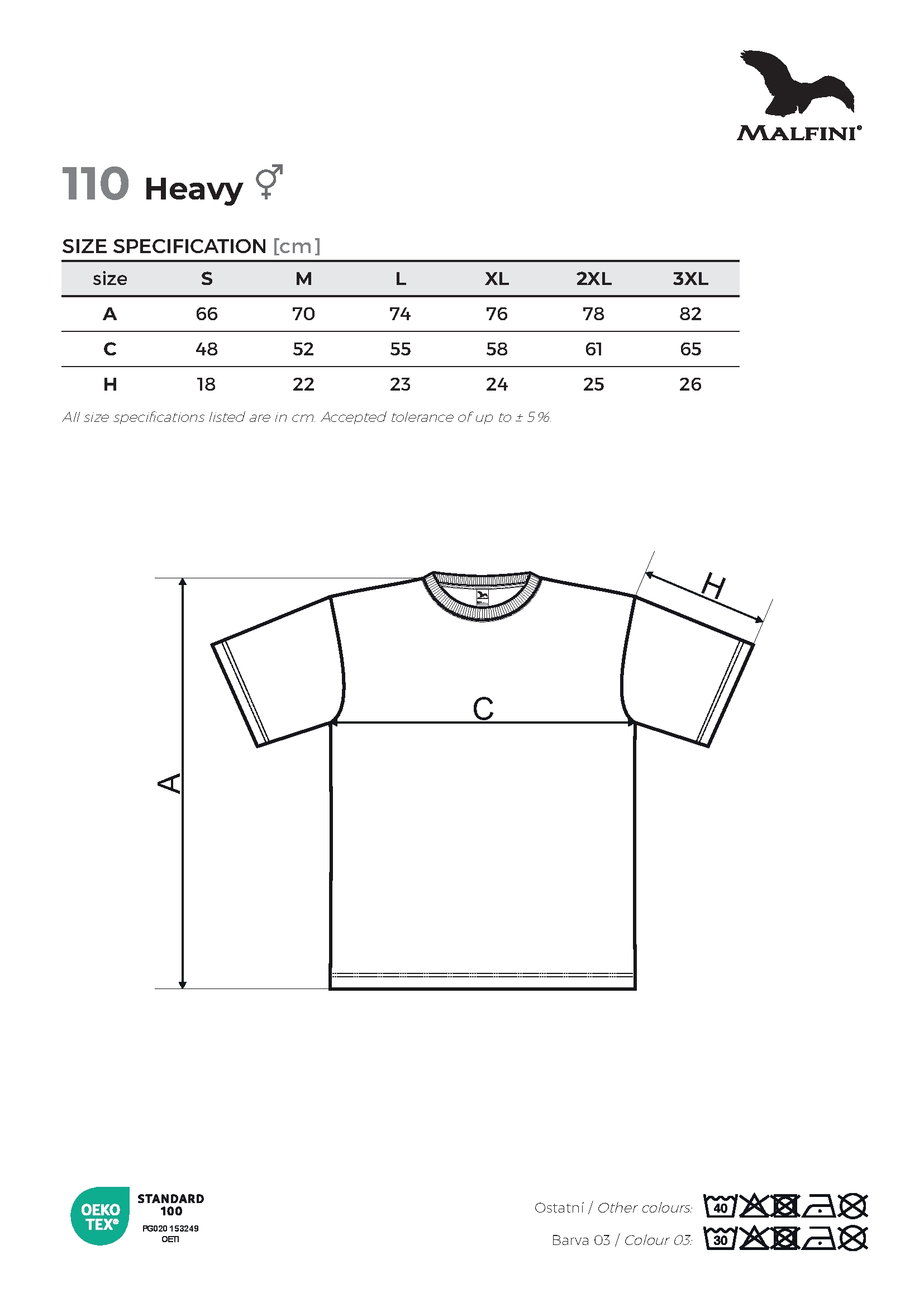 Tabulka velikostí produktu Tričko unisex Heavy 110 bílá