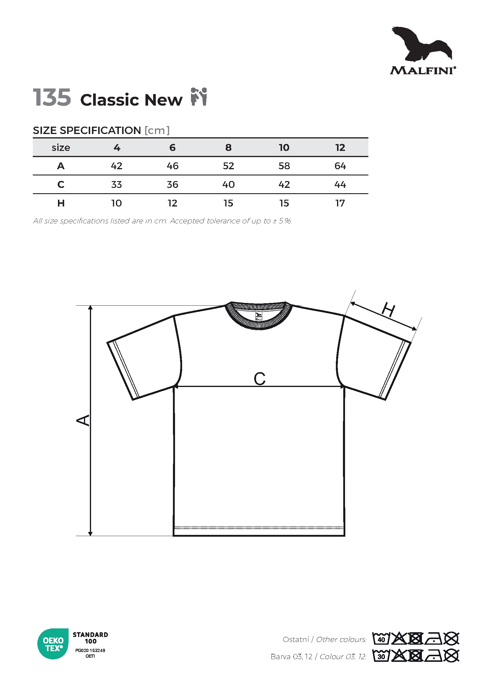 Tabulka velikostí produktu Tričko dětské Classic New 135 bílá