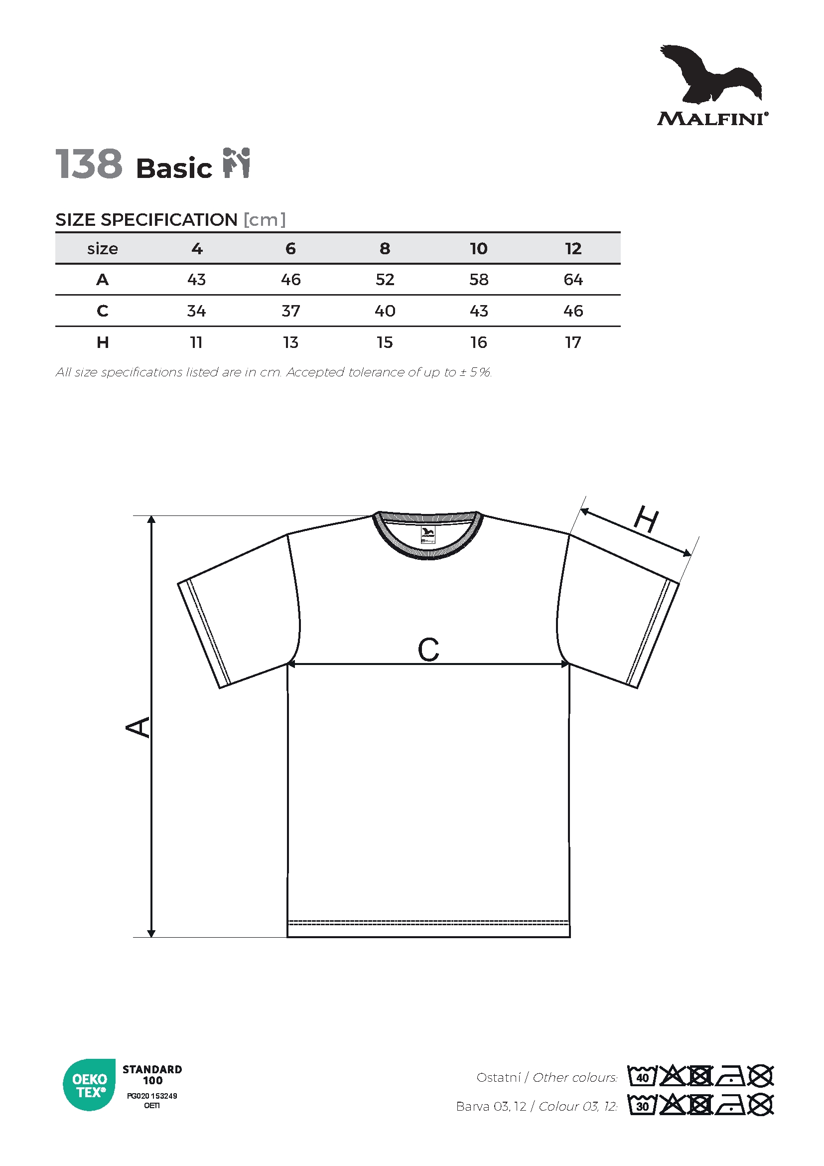 Tabulka velikostí produktu Tričko dětské Basic 138 bílá