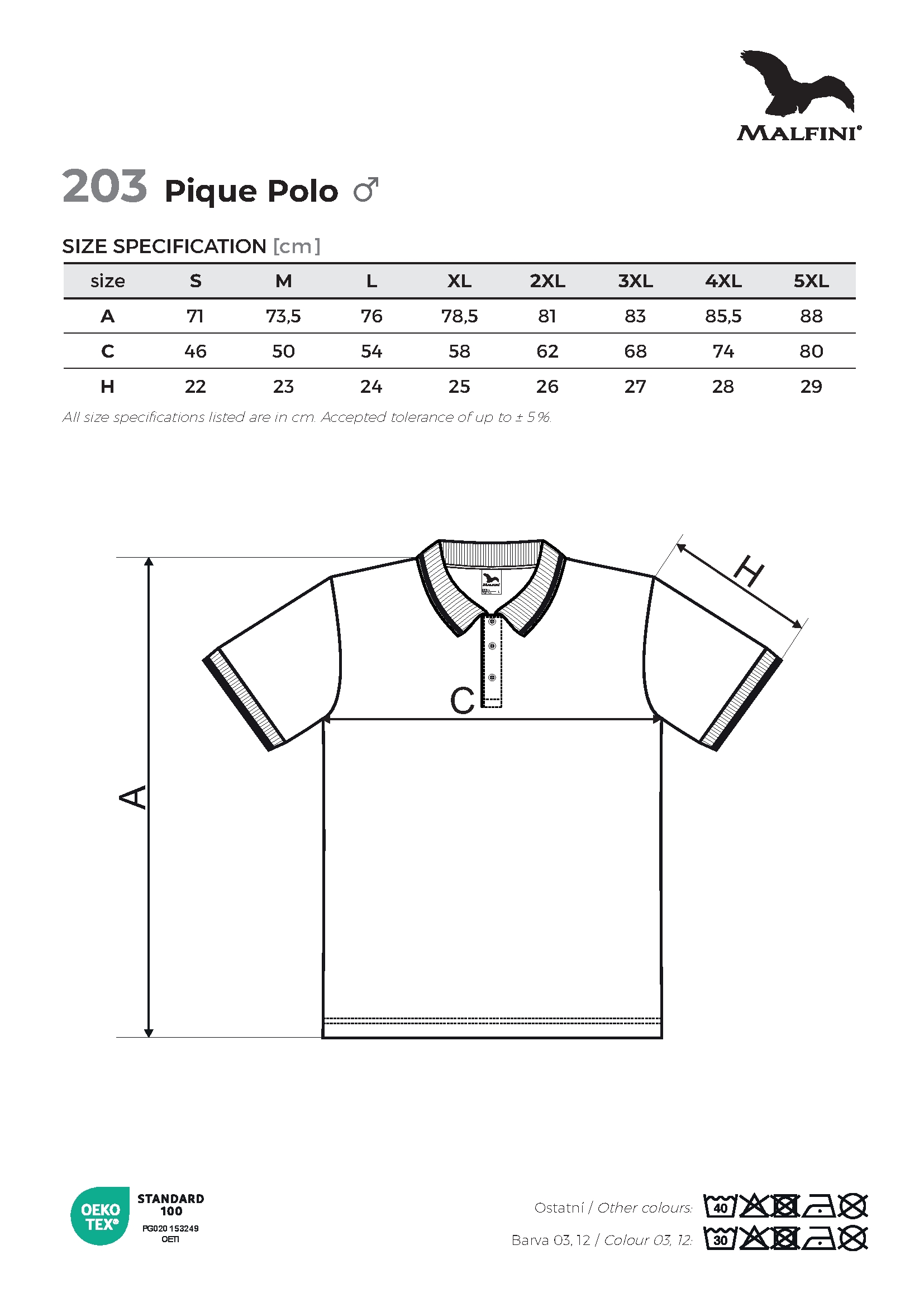 Tabulka velikostí produktu Polokošile pánská Pique Polo 203 bílá