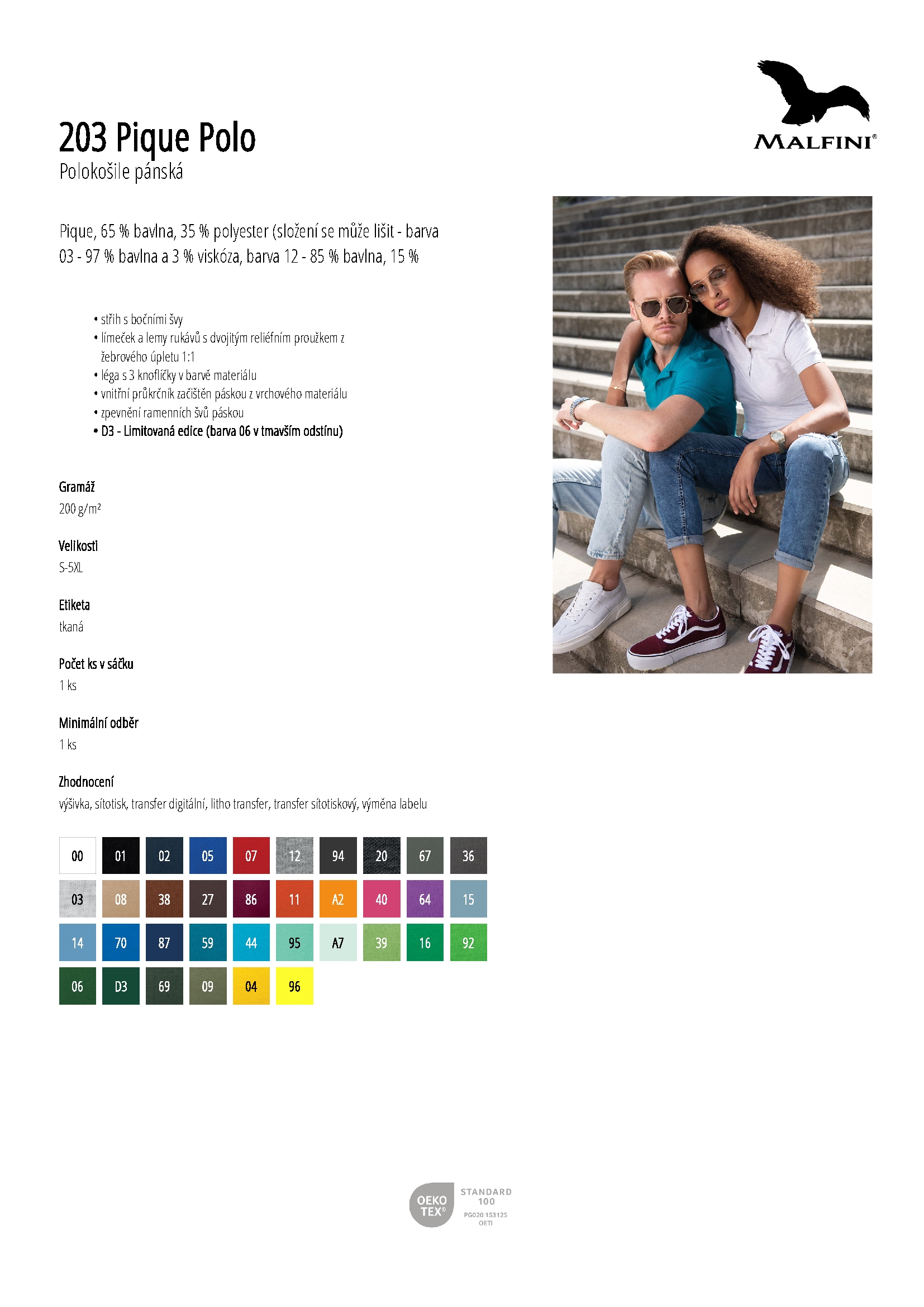 Karta produktu Polokošile pánská Pique Polo 203 bílá