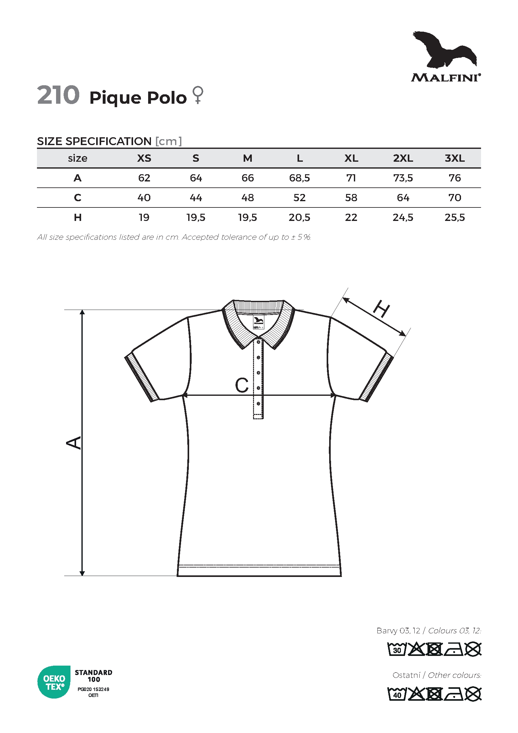 Tabulka velikostí produktu Polokošile dámská Pique Polo 210 bílá