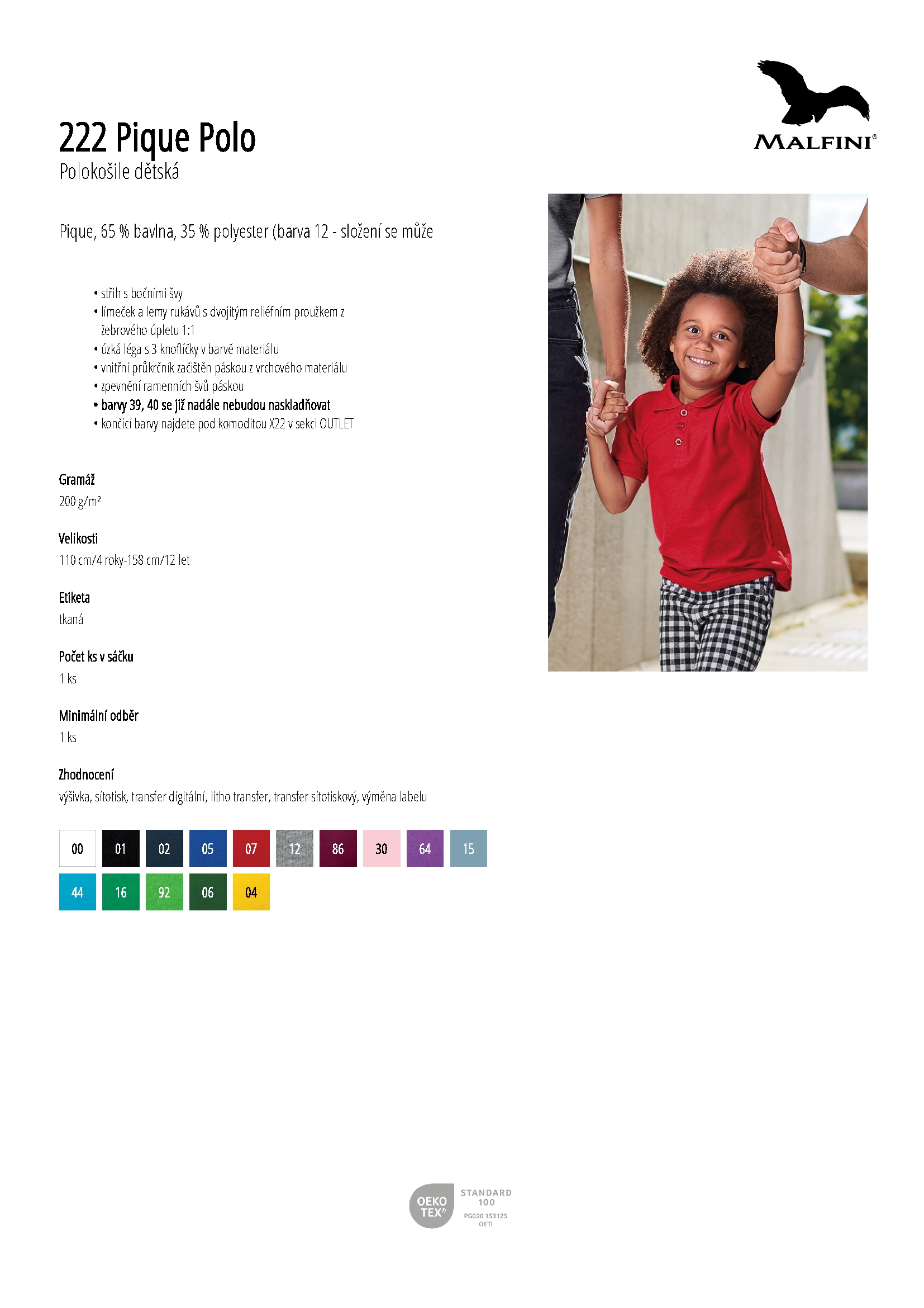 Karta produktu Polokošile dětská Pique Polo 222 bílá