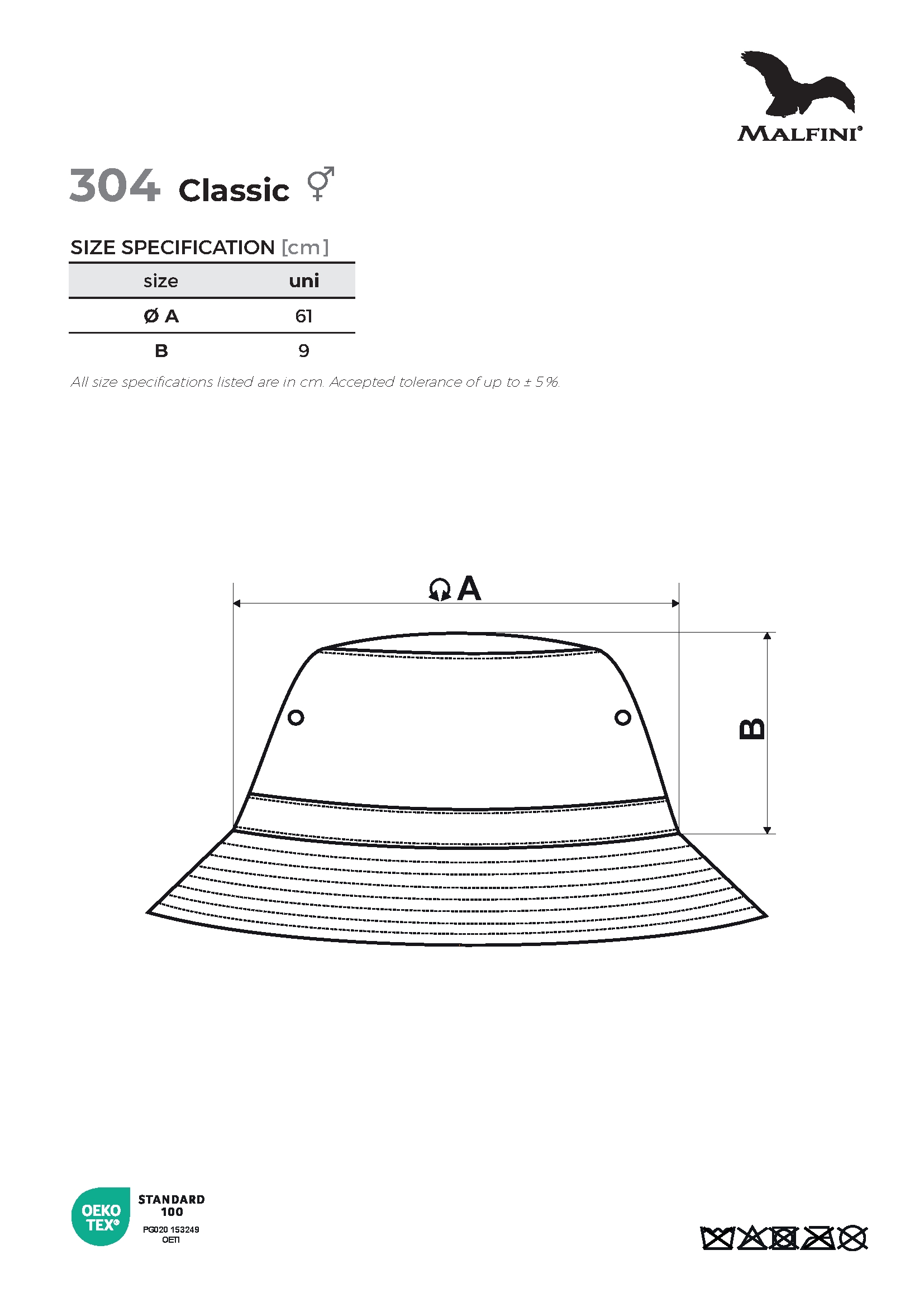 Tabulka velikostí produktu Klobouček unisex Classic 304 bílá