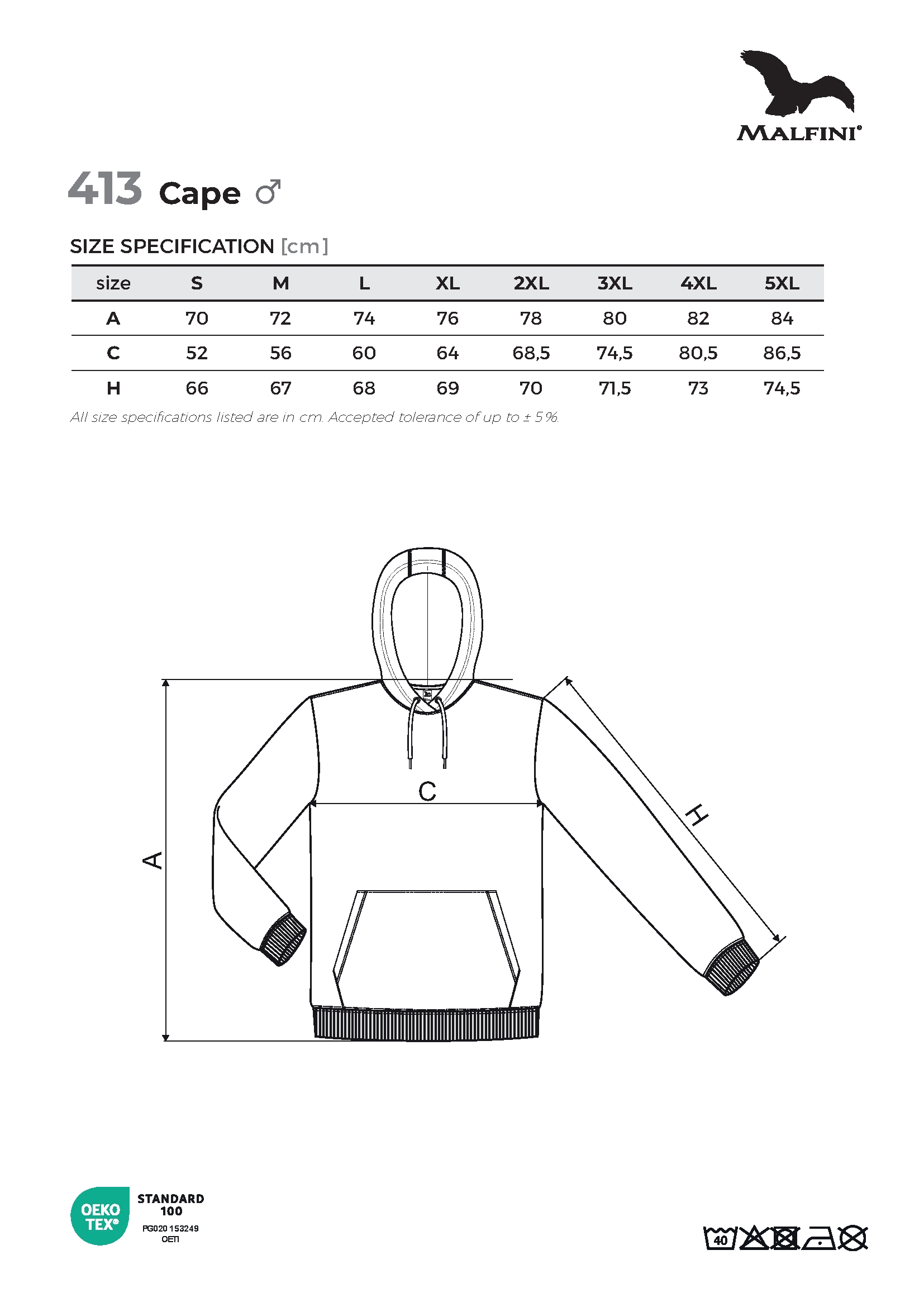 Tabulka velikostí produktu Mikina pánská Cape 413 bílá