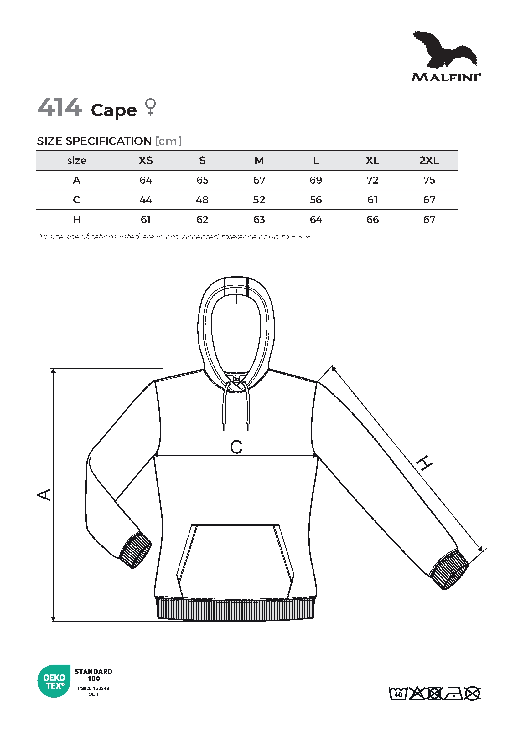 Tabulka velikostí produktu Mikina dámská Cape 414 bílá