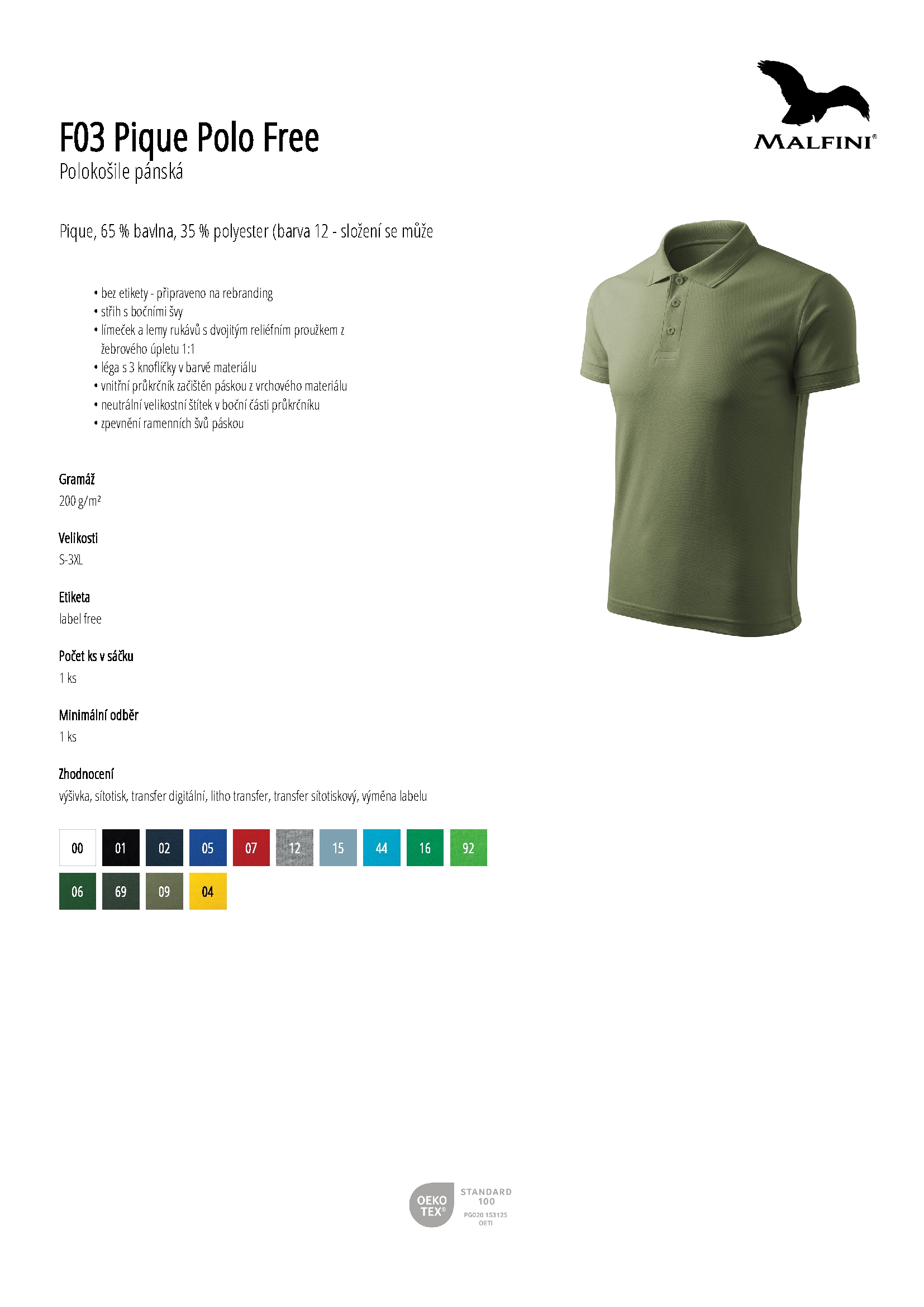 Karta produktu Polokošile pánská Pique Polo Free F03 military